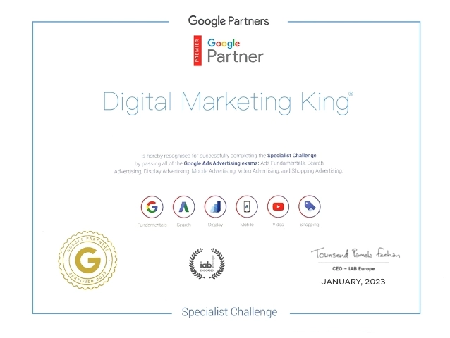 Google Premier Partner Certificate of Digital Marketing King