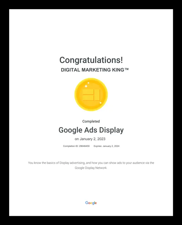Google Ads Display Certificate of Digital Marketing King