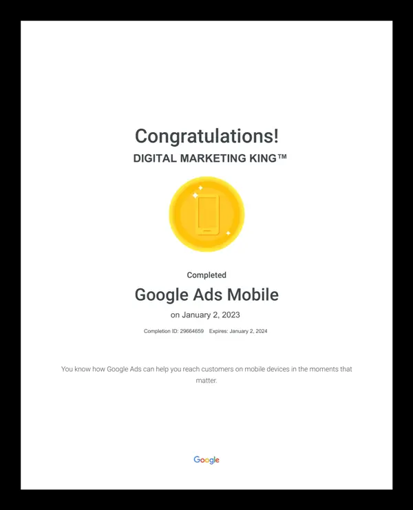 Google Ads Mobile Certificate of Digital Marketing King