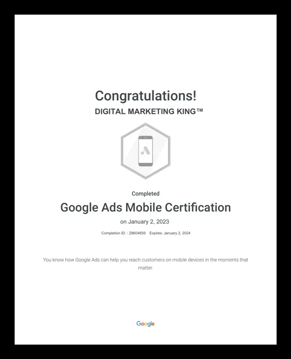 Google Ads Mobile Certification of Digital Marketing King