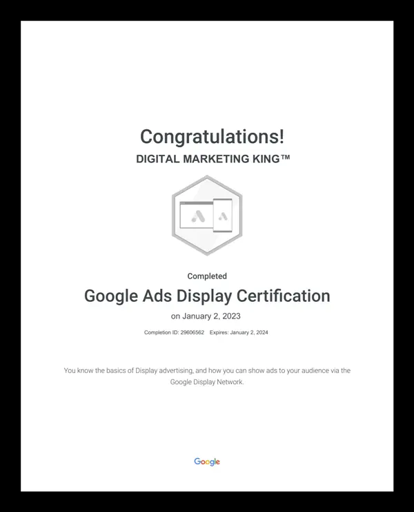 Google Ads Display Certification of Digital Marketing King