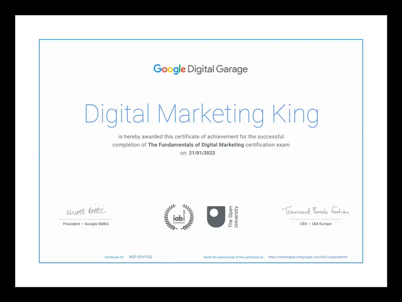 Google Digital Garage Certificate of Digital Marketing King
